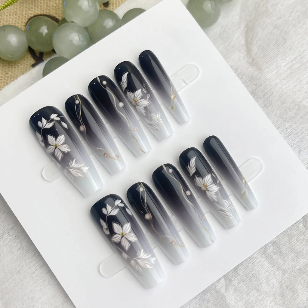 Retro Chinese style flower press-on false nails long ladder shape ultra-thin seamless 40 pieces