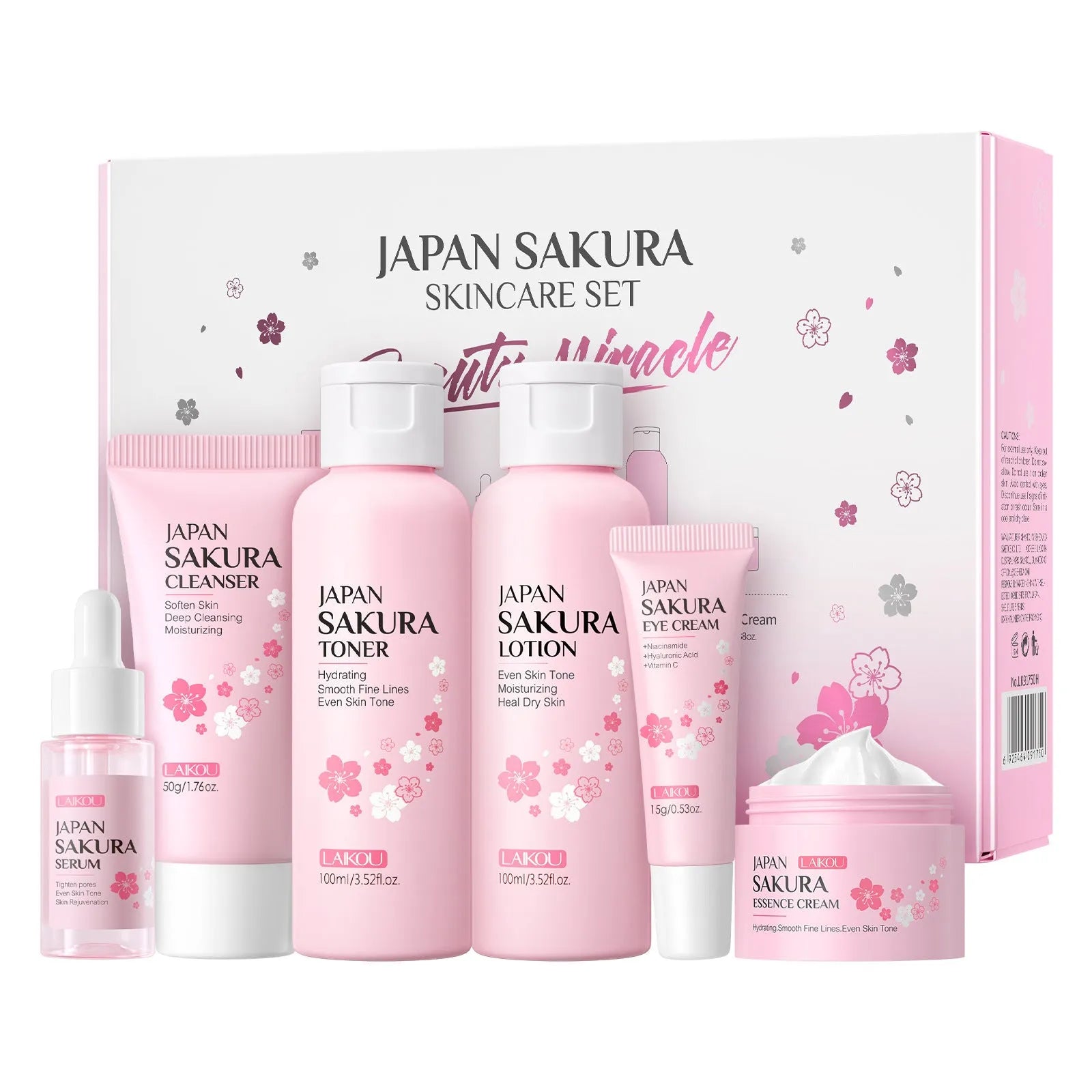 Boxed Cherry Blossom 6-piece skincare set showing cleanser, toner, creams, and serum.