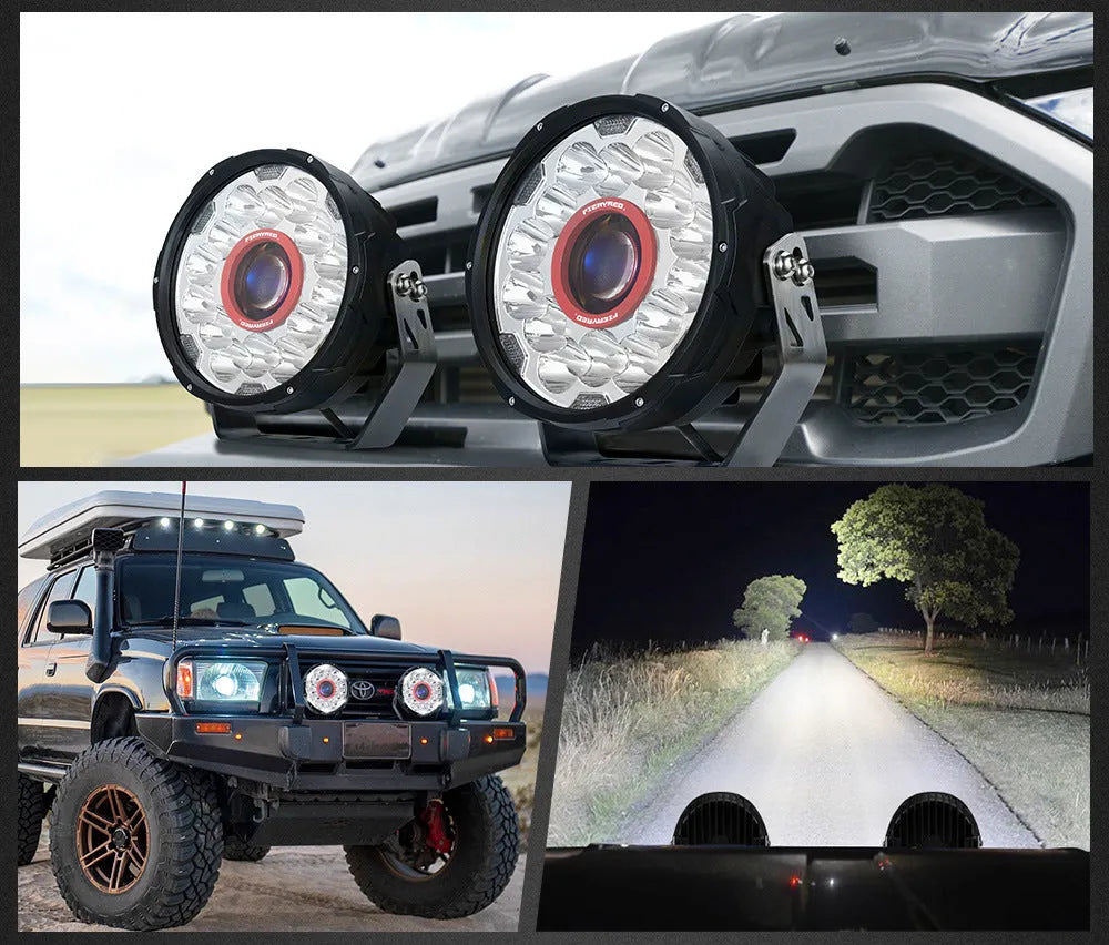 Pair of 7-inch red LED waterproof off-road vehicle lights with 11700LM output