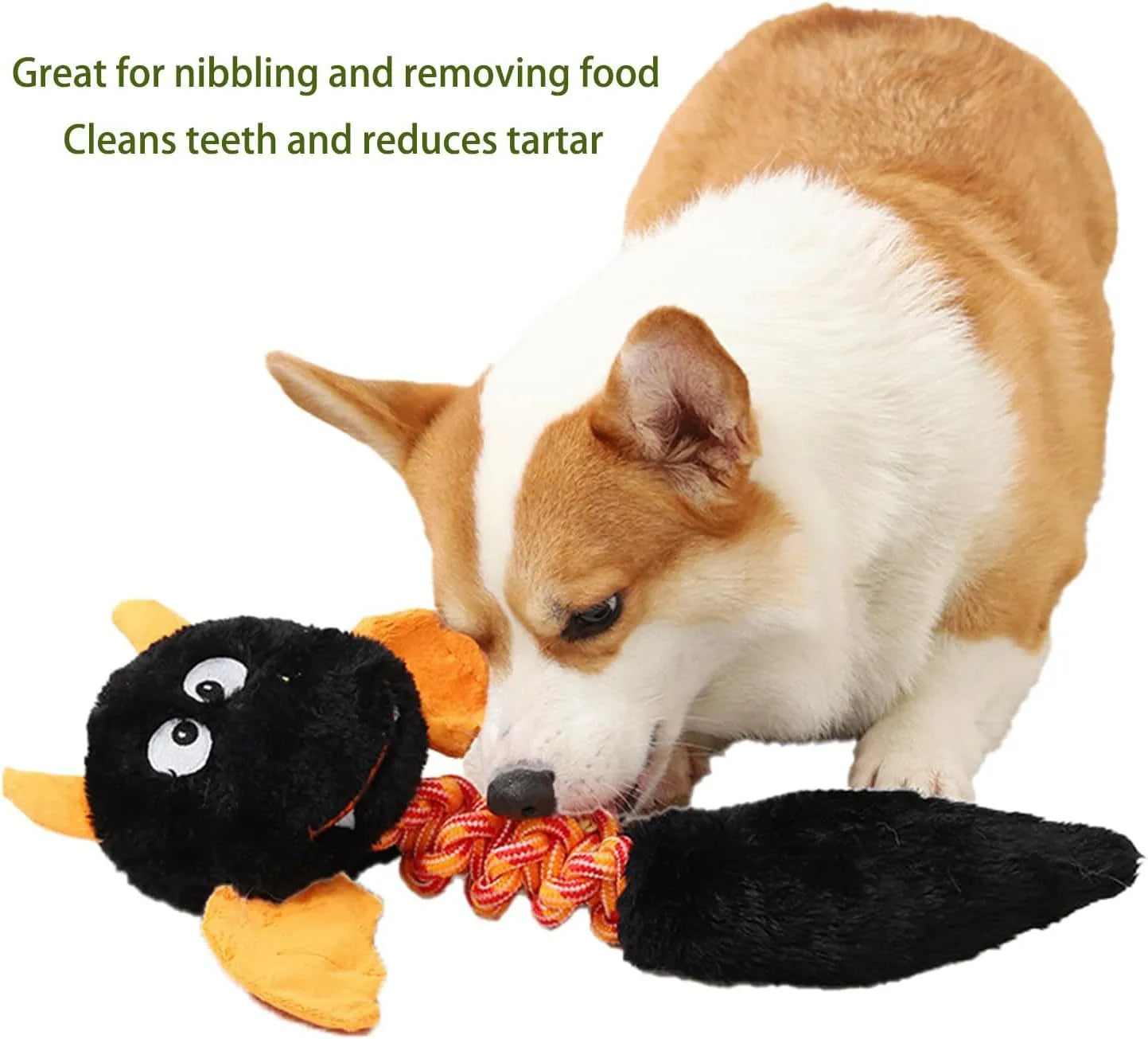 Interactive plush dog toy with squeaker and crinkle paper in black, green, or red, measuring 44cm.
