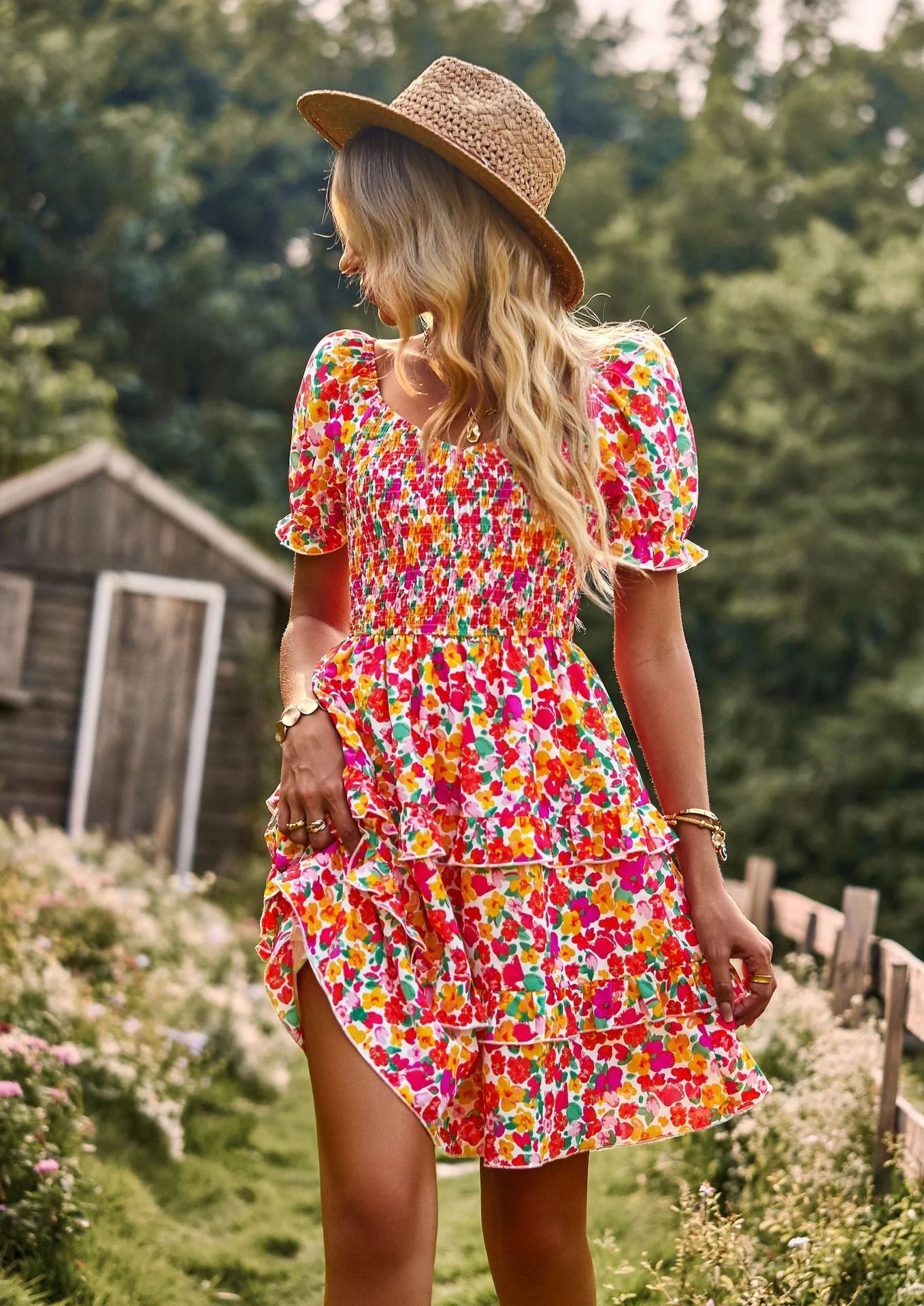 Floral ruffle summer dress with off-shoulder design in various colours