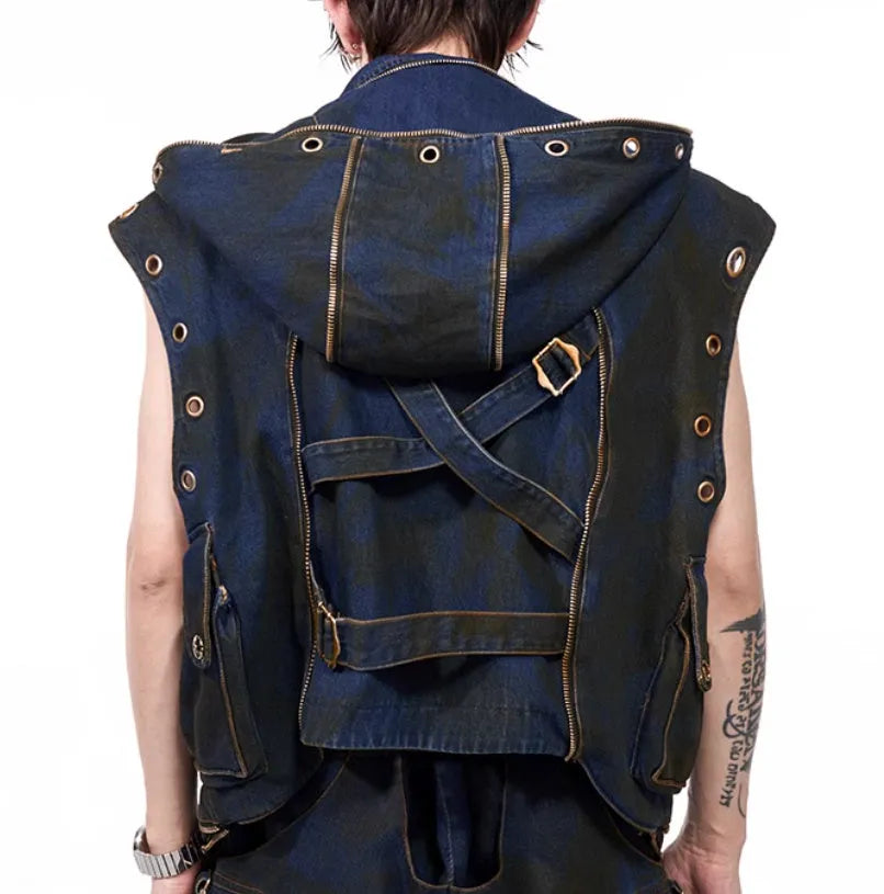 Blue heavy industry style hooded denim vest and matching trousers laid flat
