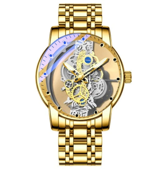 Men's skeleton automatic quartz watch with gold finish and mineral glass