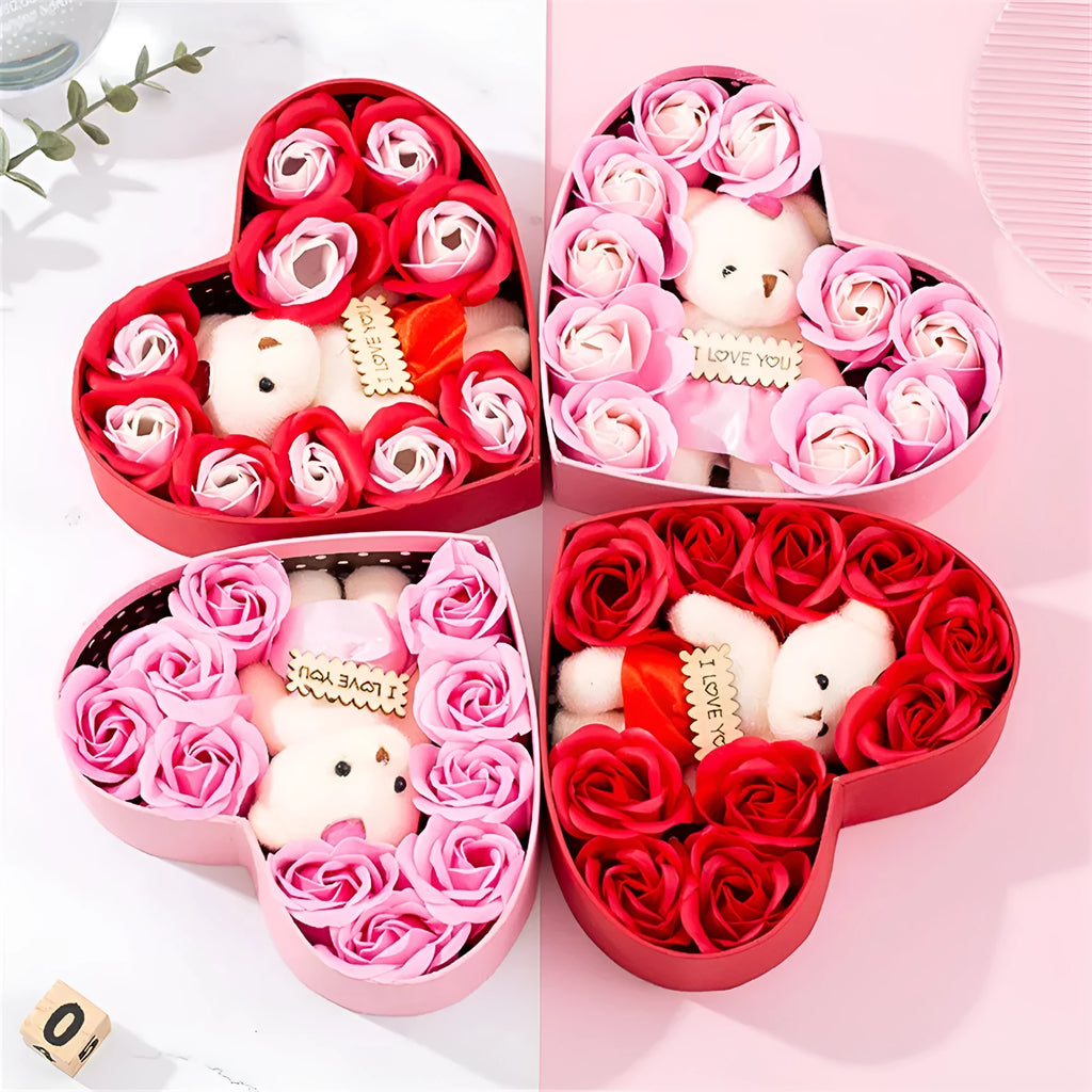 Red heart-shaped gift box with rose-shaped soaps for Valentine's Day or Christmas gifting