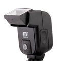 SLR camera flash accessory with adjustable 90-degree head showing compact 65x60x98mm dimensions