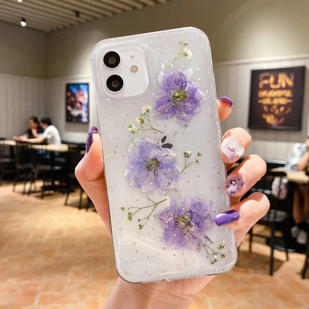 Epoxy glitter small floral phone case in TPU for iPhone, glossy finish, multiple colour options