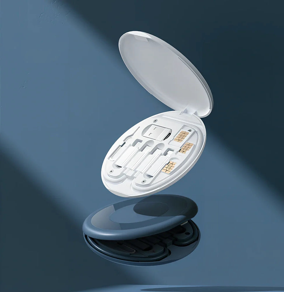 White 60W multi-function charging cable storage box with Type-C, Lightning, USB interfaces and card slots