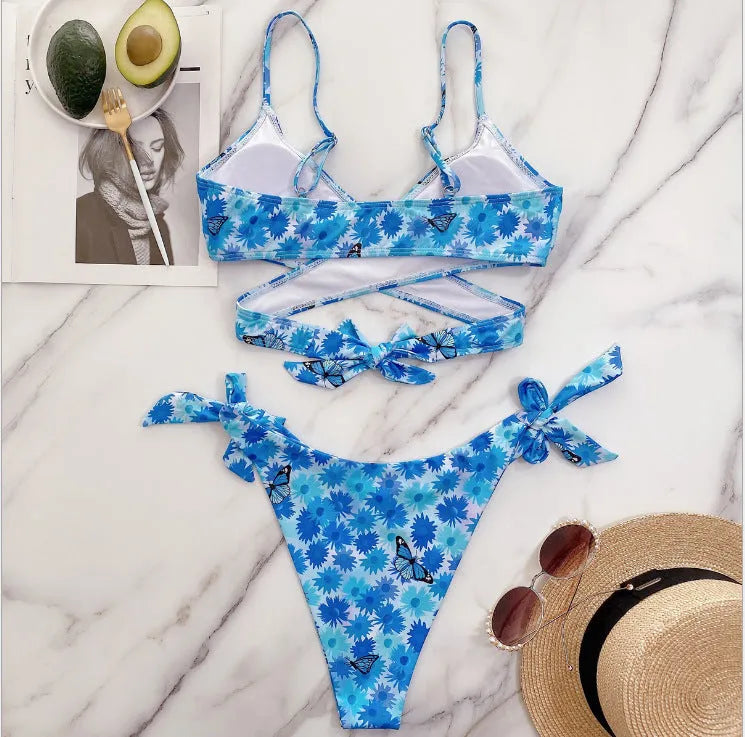 Ladies solid blue backless bikini swimsuit two-piece set polyester fibre