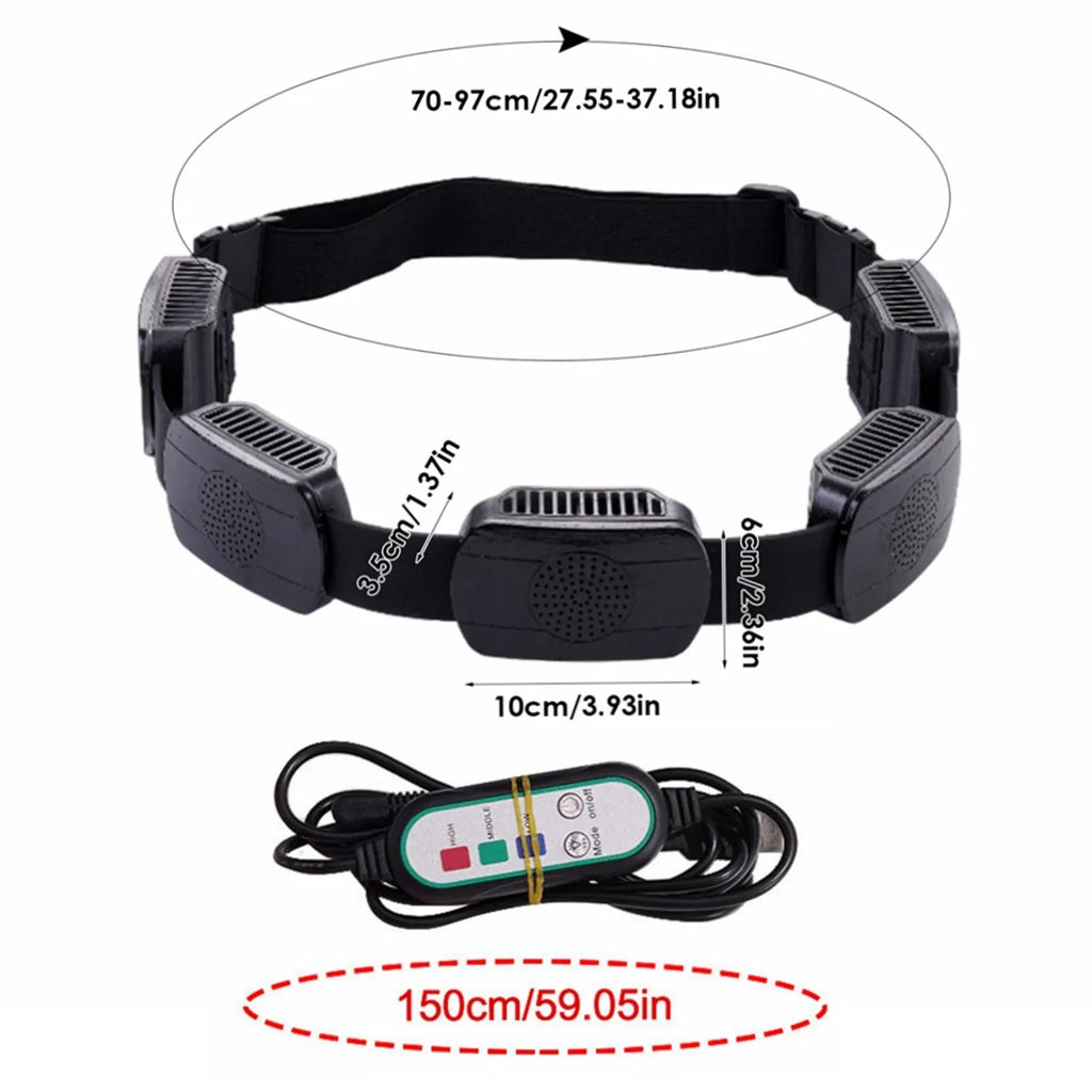 Outdoor portable ring fan waist set with 5 fans, black plastic, USB powered, 1.5m cable
