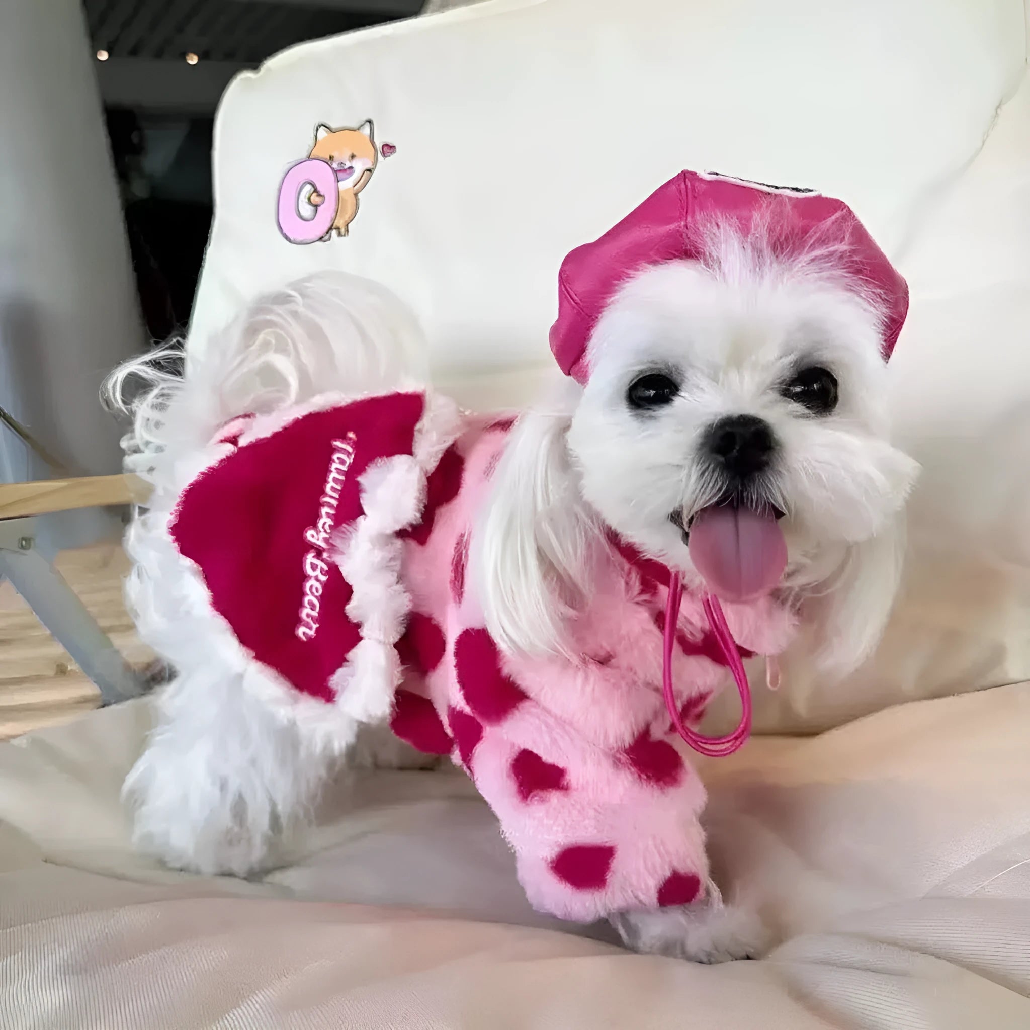 Small dog wearing pink plush winter coat for teddy, bichon or pomeranian breeds
