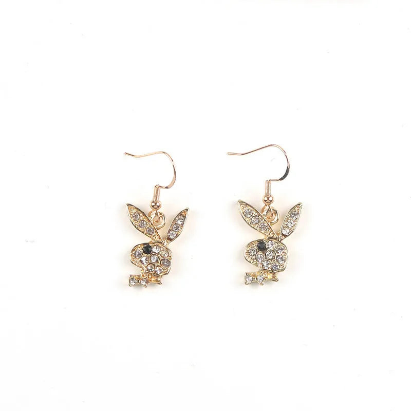 Gold, pink and silver full diamond rabbit stud earrings for women.