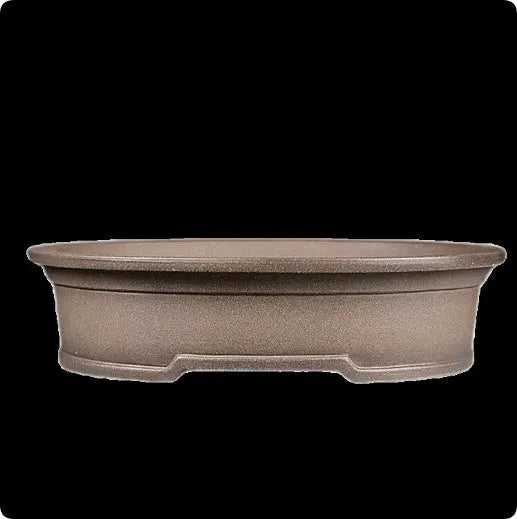 Handmade antique oval purple sand clay bonsai pot showing shallow 25cm length and 21cm width.