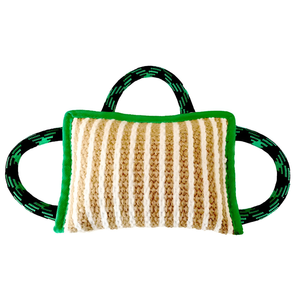 Jute bite pillow dog tug toy with three rope handles in various colours
