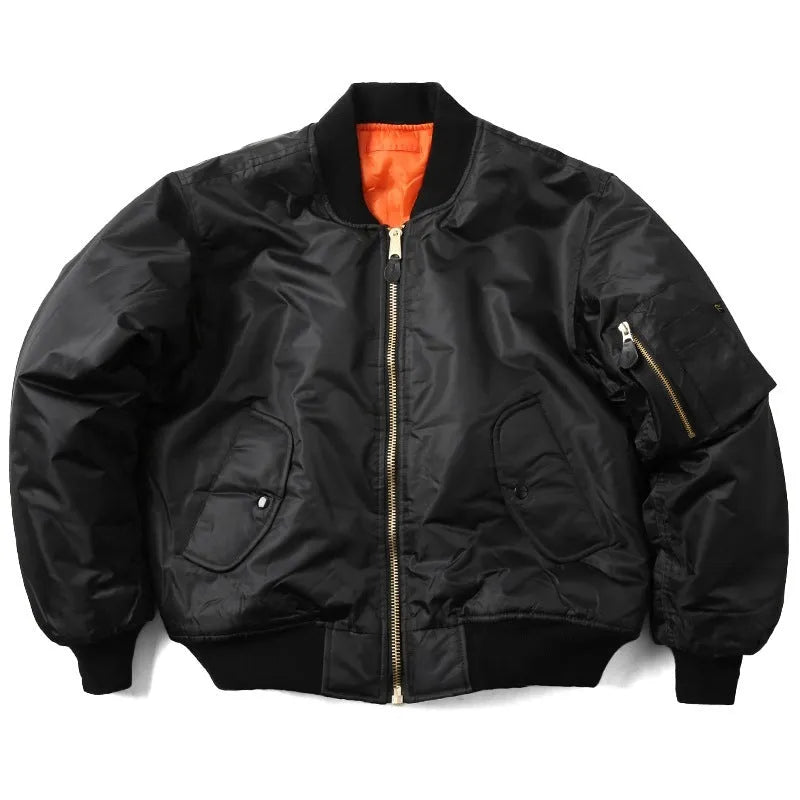 Men's loose fit nylon pilot jacket in Army Green shown on a hanger.