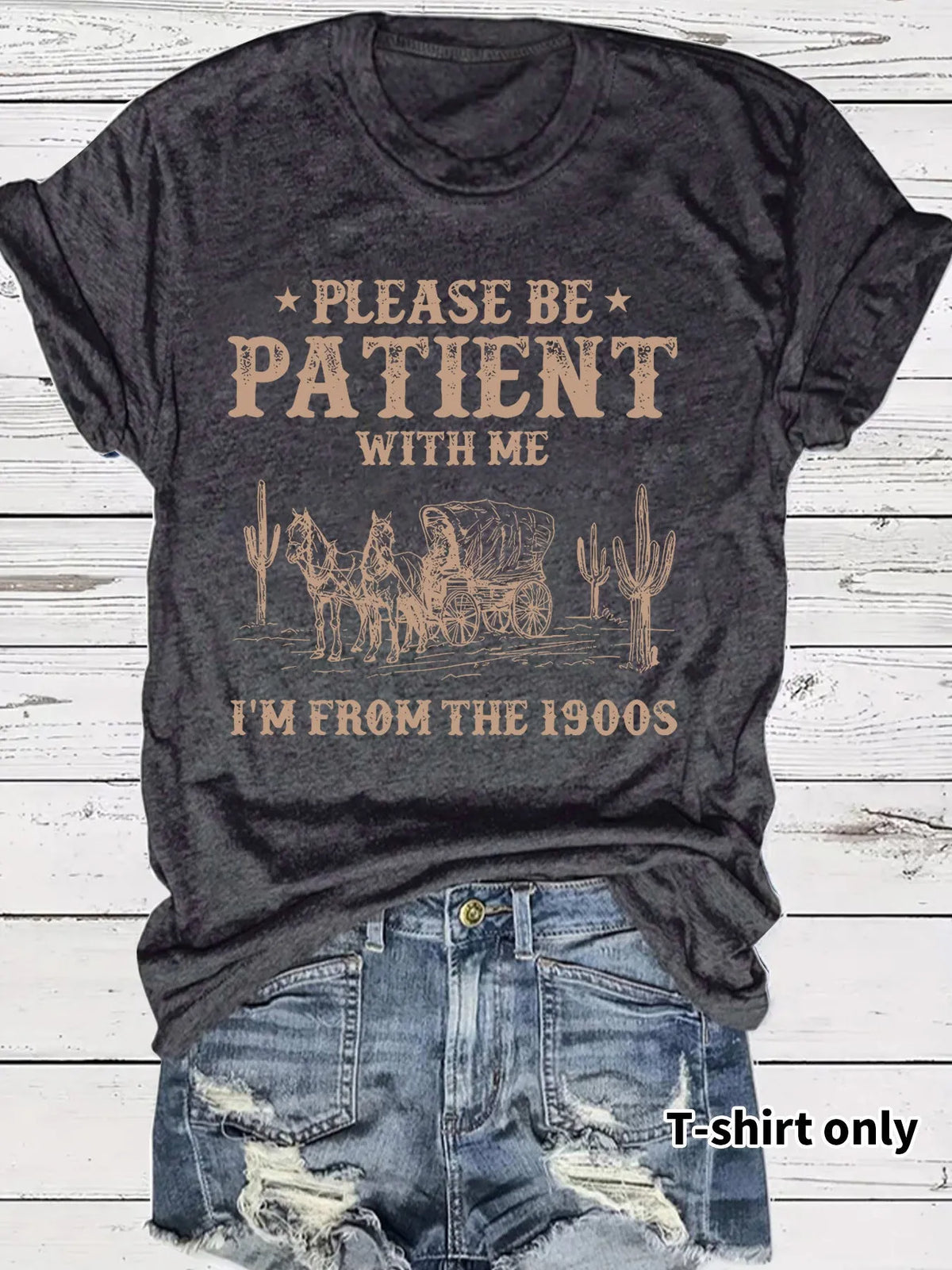 Western denim retro pattern printed round neck short sleeve polyester top for women A-line pullover available in multiple colours S-XXL