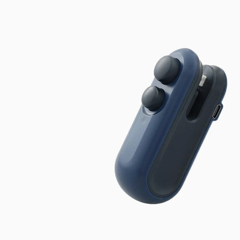 Handheld USB rechargeable vacuum sealer in white and blue for food storage