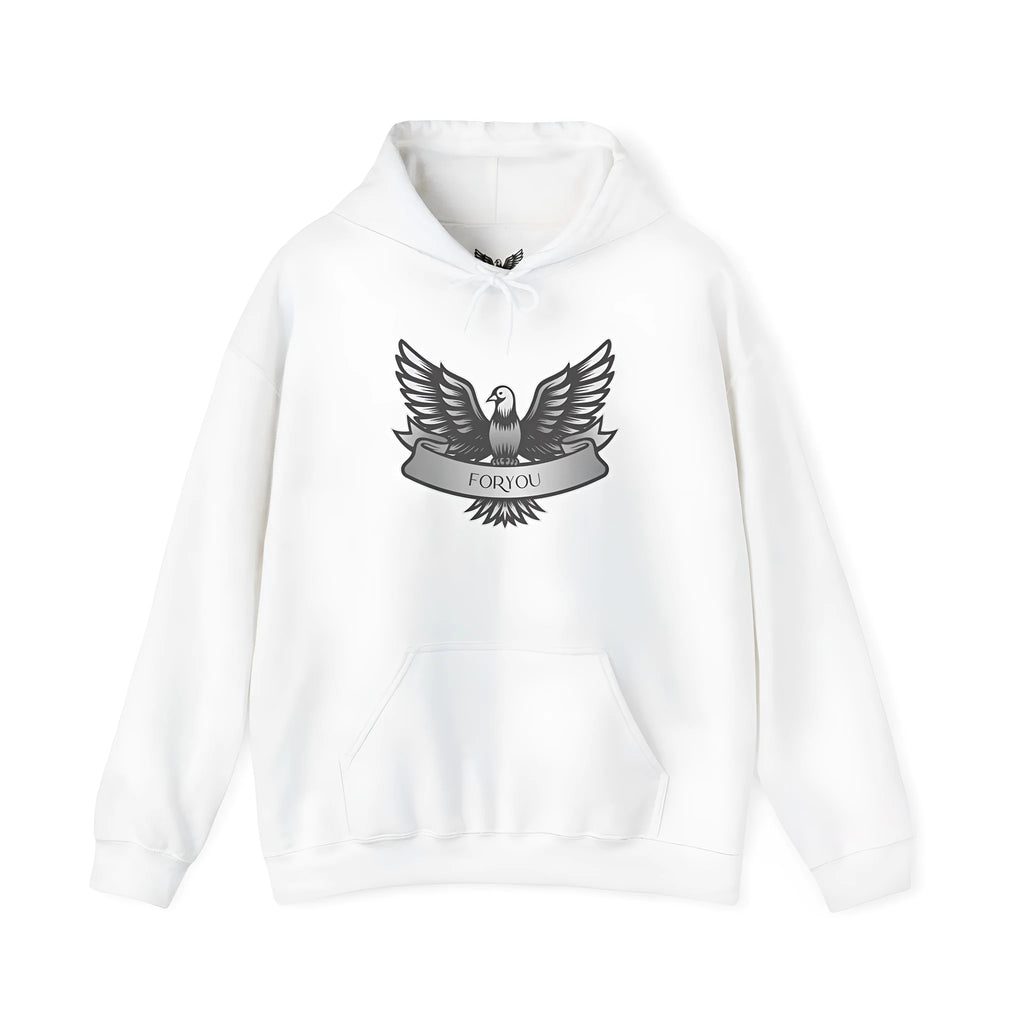 White cotton blend unisex pullover hoodie with hood and long sleeves on size chart