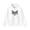 White cotton blend unisex pullover hoodie with hood and long sleeves on size chart