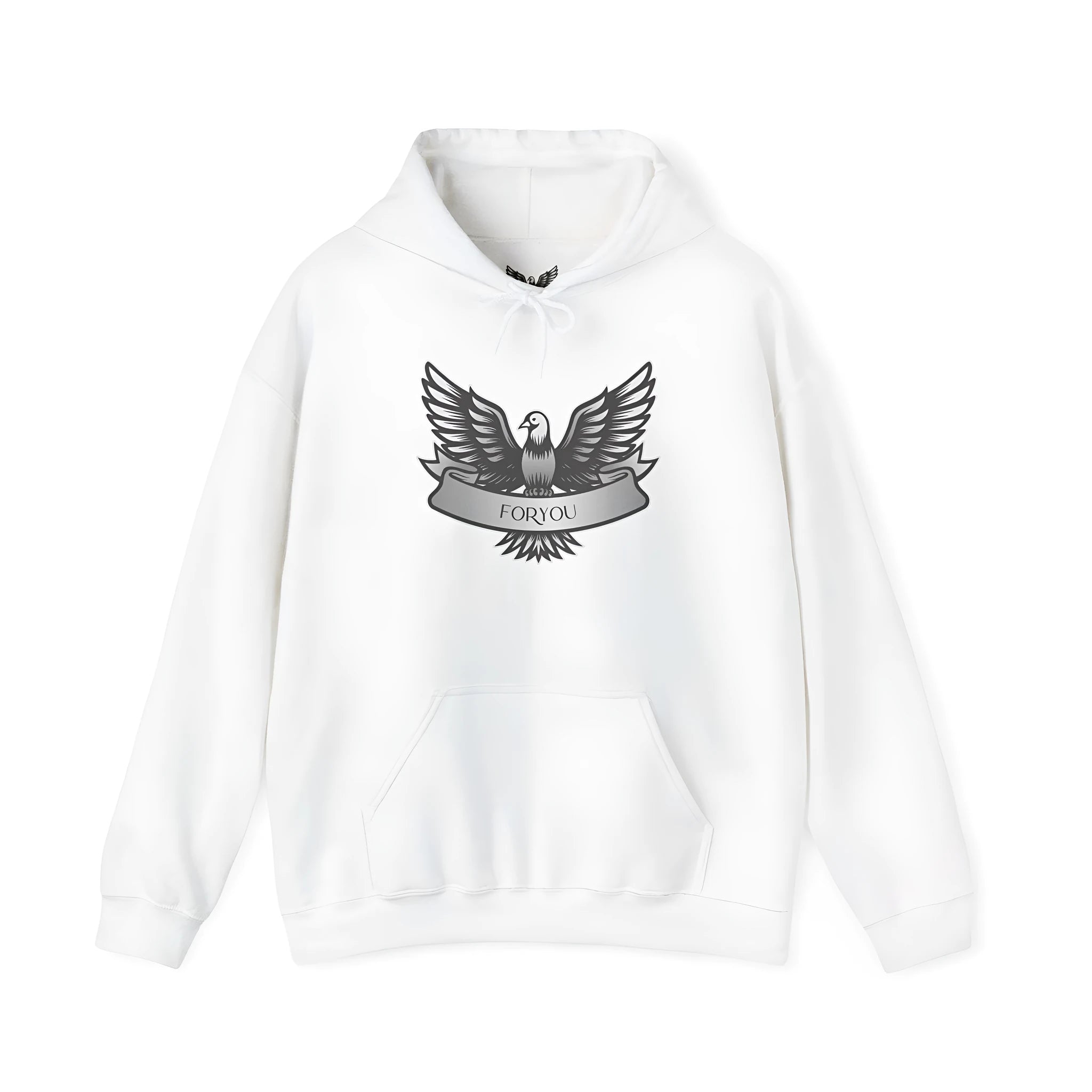 White cotton blend unisex pullover hoodie with hood and long sleeves on size chart