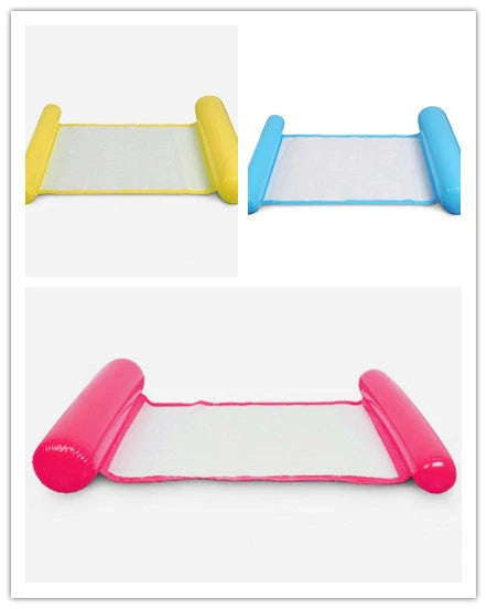 Inflatable water lounge chair in blue, floating in pool with hammock design visible