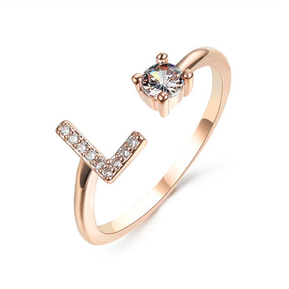 Elegant 26-letter adjustable initial ring in gold, silver, and rose gold finishes