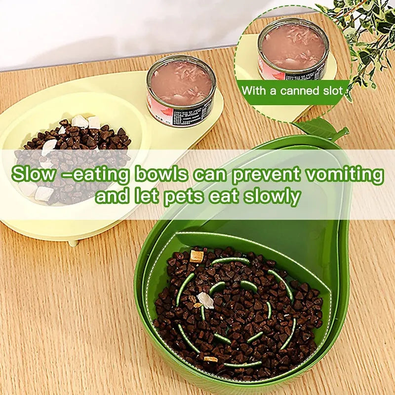Avocado-shaped automatic pet feeder with water dispenser and two-part food bowl system