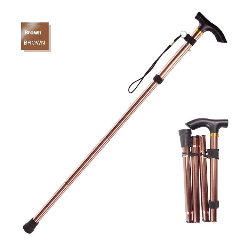 Adjustable aluminium folding walking stick in a selected colour, shown extended and folded.