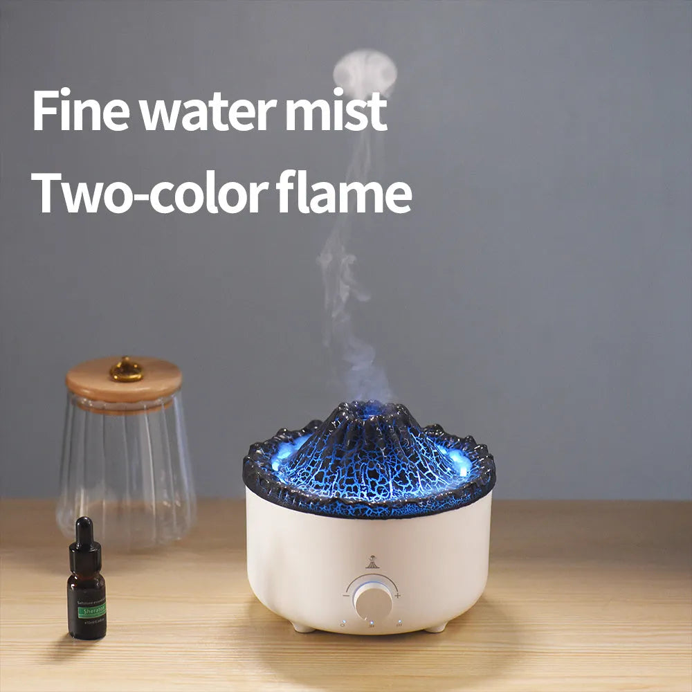 Small white volcano-shaped humidifier with simulated flame lighting and remote control