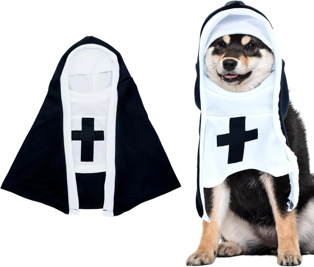 Black and white nun costume for small medium dog with polyester cloak and pullover design
