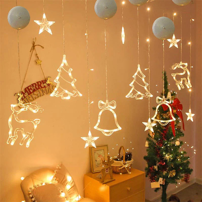 Festive LED Suction Cup Chandelier Lights with various holiday designs including snowmen, reindeer, and stars