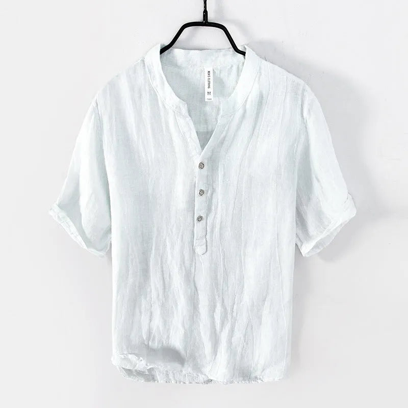 Retro striped linen pullover top in grey, shown on a model, featuring short sleeves.