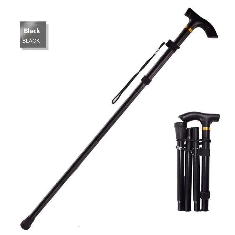 Adjustable aluminium folding walking stick in a selected colour, shown extended and folded.