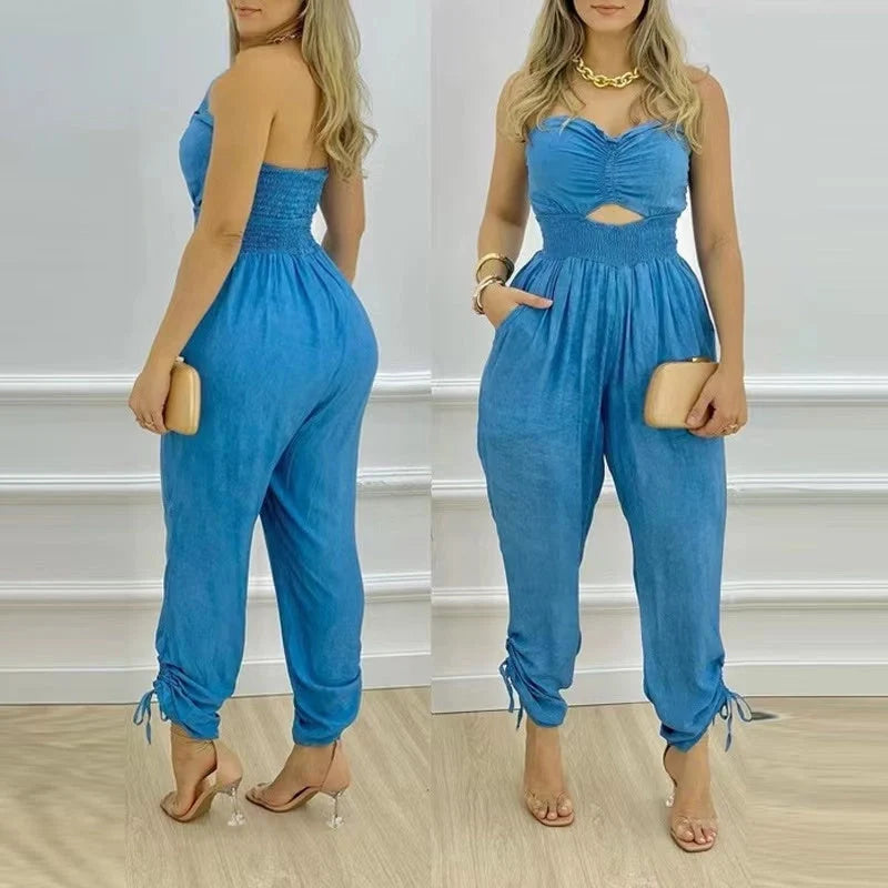 Women's blue denim jumpsuit with tube top and strapless design