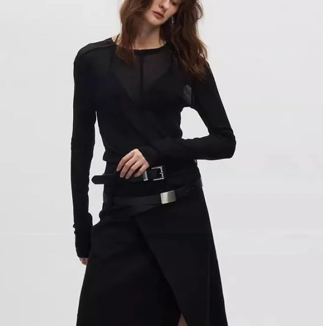 Black slim-fit long sleeve mesh pullover top with a round neck collar.