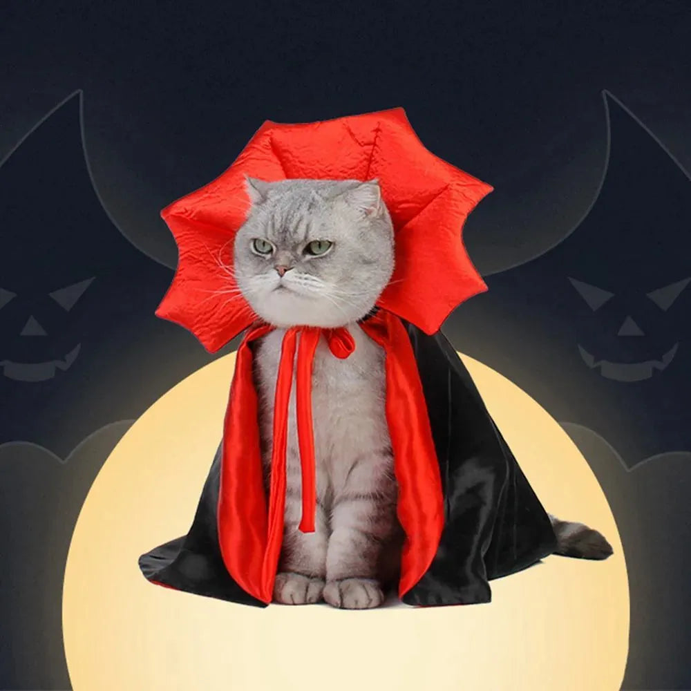 Vampire Halloween cloak costume for small dogs and cats showing three size options with measurements
