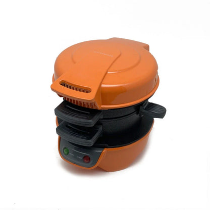 Versatile breakfast sandwich maker with egg cooker, bread machine, and waffle functions in bright red, orange, and silver gray colors