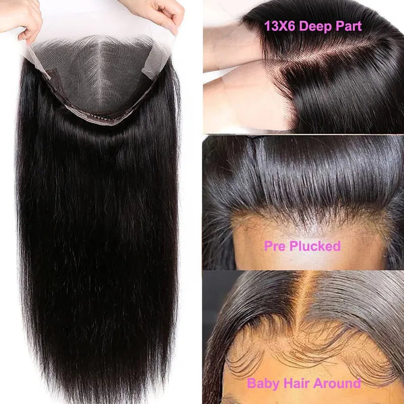 Black straight human hair lace front wig on a mannequin head, showing a natural 13x6 hairline.