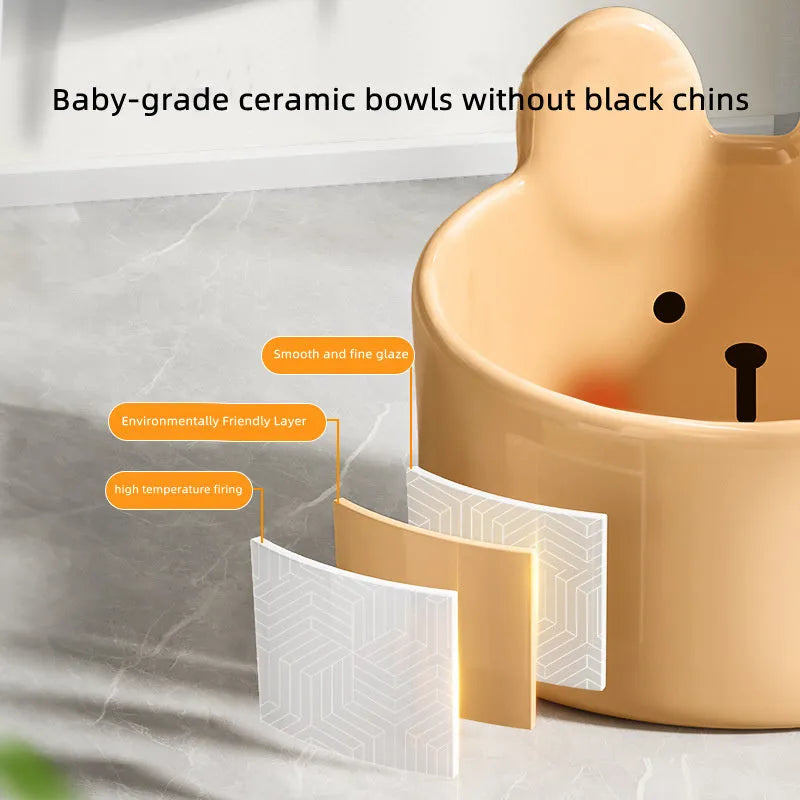 Blush Critter ceramic pet food bowl in white rabbit design, showing raised neck protection ring.