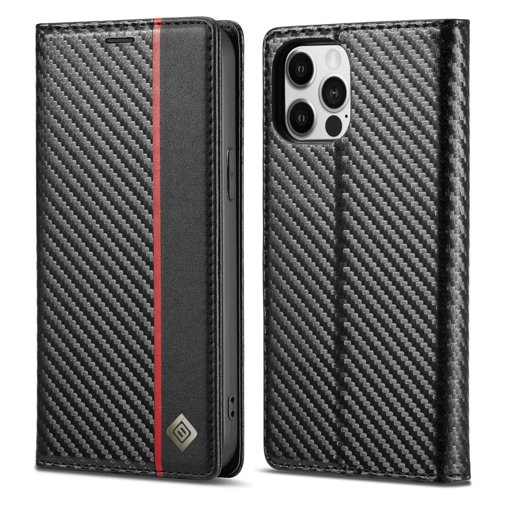 Leather carbon fiber magnetic flip phone case for iPhone 15 in horizontal colour, handmade PU TPU protective cover