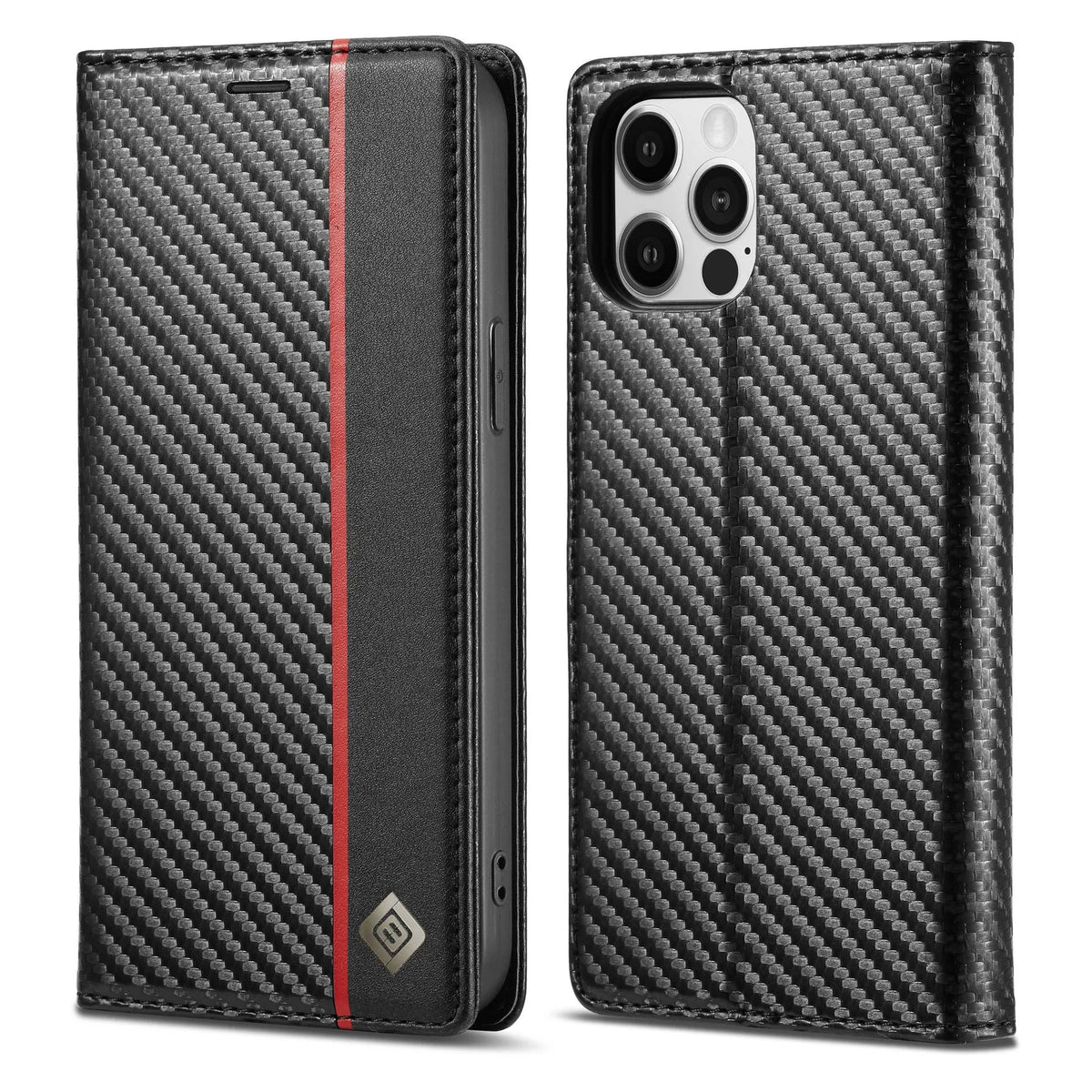Leather carbon fiber magnetic flip phone case for iPhone 15 in horizontal colour, handmade PU TPU protective cover