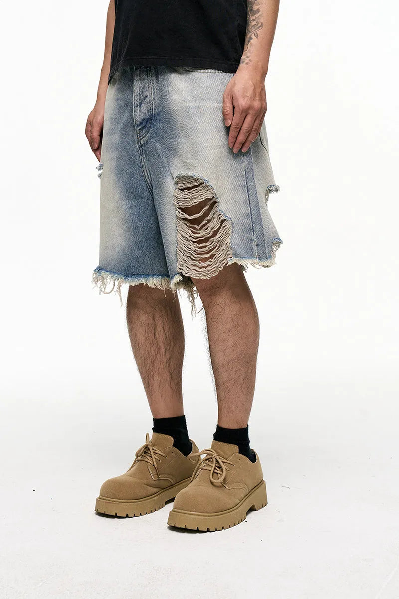 Men's light blue retro washed denim shorts with a baggy wide-leg fit on a mid-rise waist.
