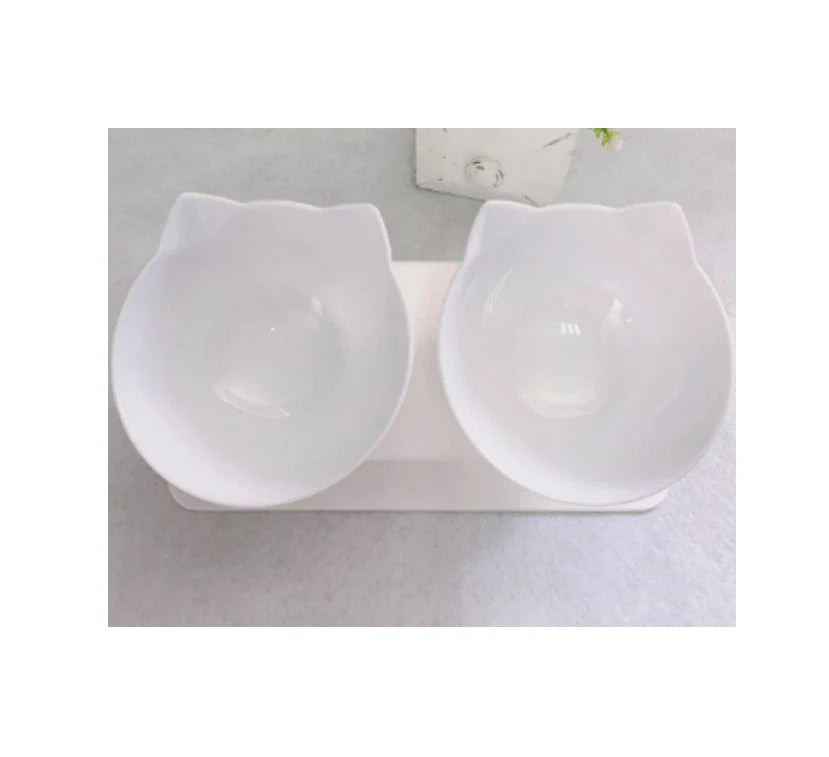 Cat Double Bowl with 15° tilt design for cervical support, transparent cat head and ears, food-grade plastic
