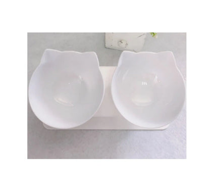 Cat Double Bowl with 15° tilt design for cervical support, transparent cat head and ears, food-grade plastic