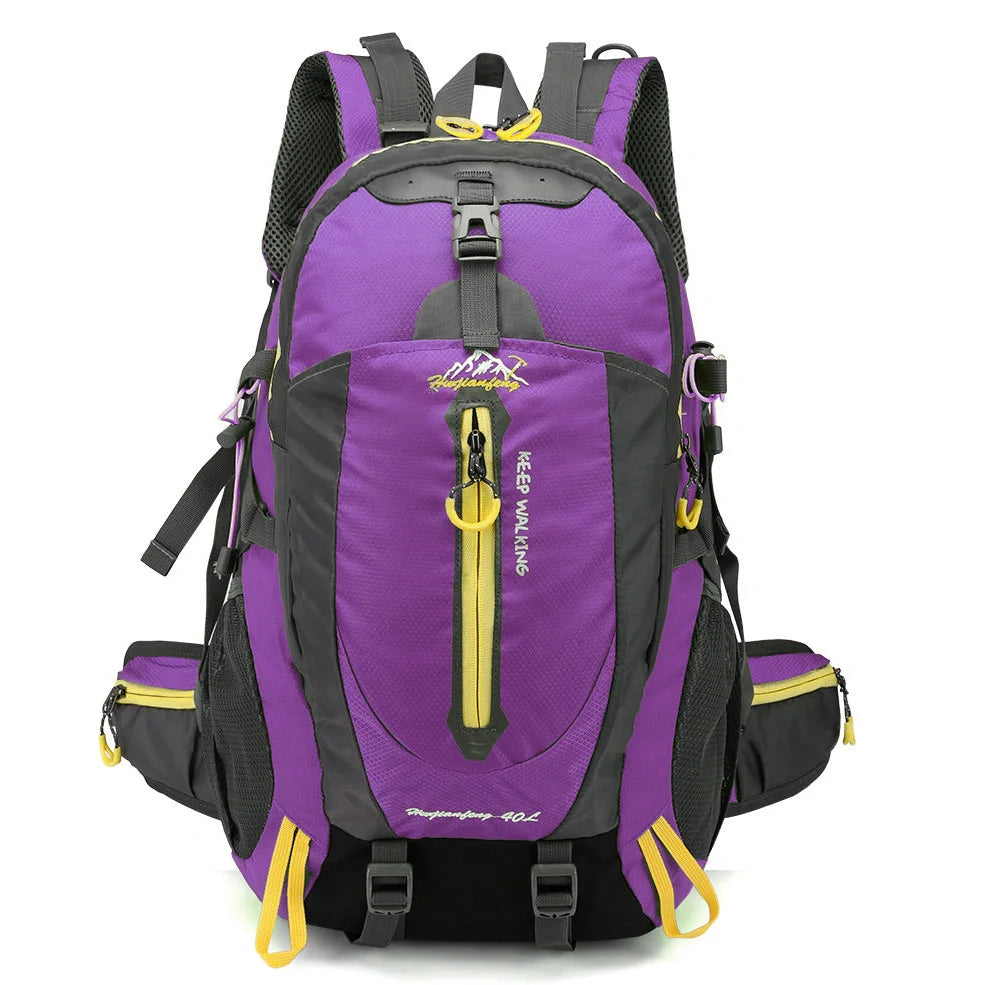 Green 40L hiking backpack with adjustable chest strap and multiple compartments for outdoor sports