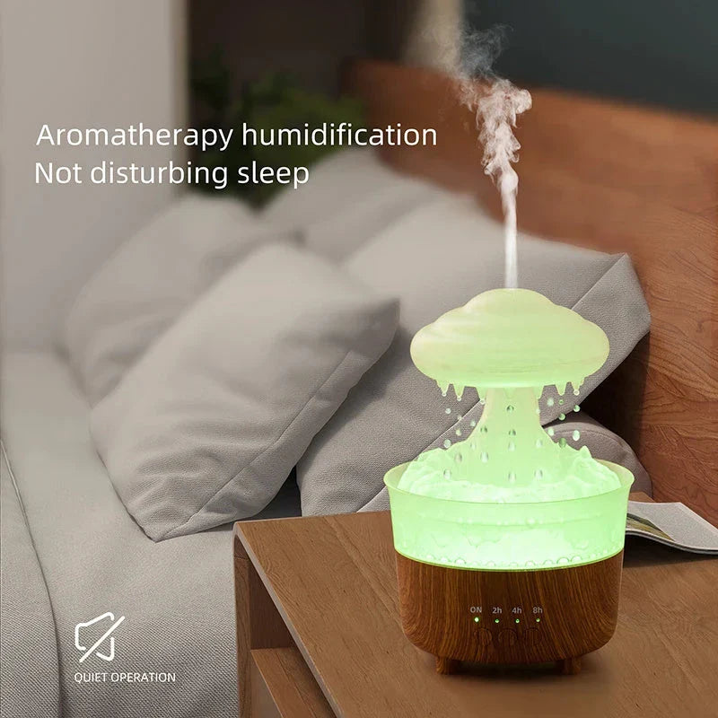 Relaxing Raindrop Cloud Humidifier with 7-color LED light, essential oil diffuser, and soothing water droplet sounds