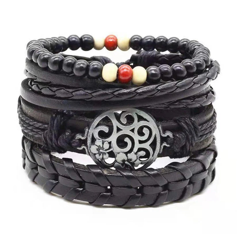 Men's genuine leather vintage braided bracelet with adjustable sliding knot