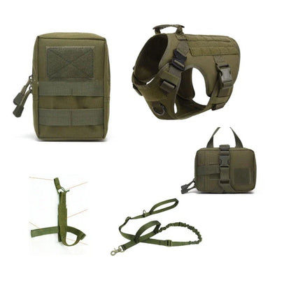 Durable tactical dog harness with reinforced buckles, customizable morale patches, and a reinforced top handle for secure control.