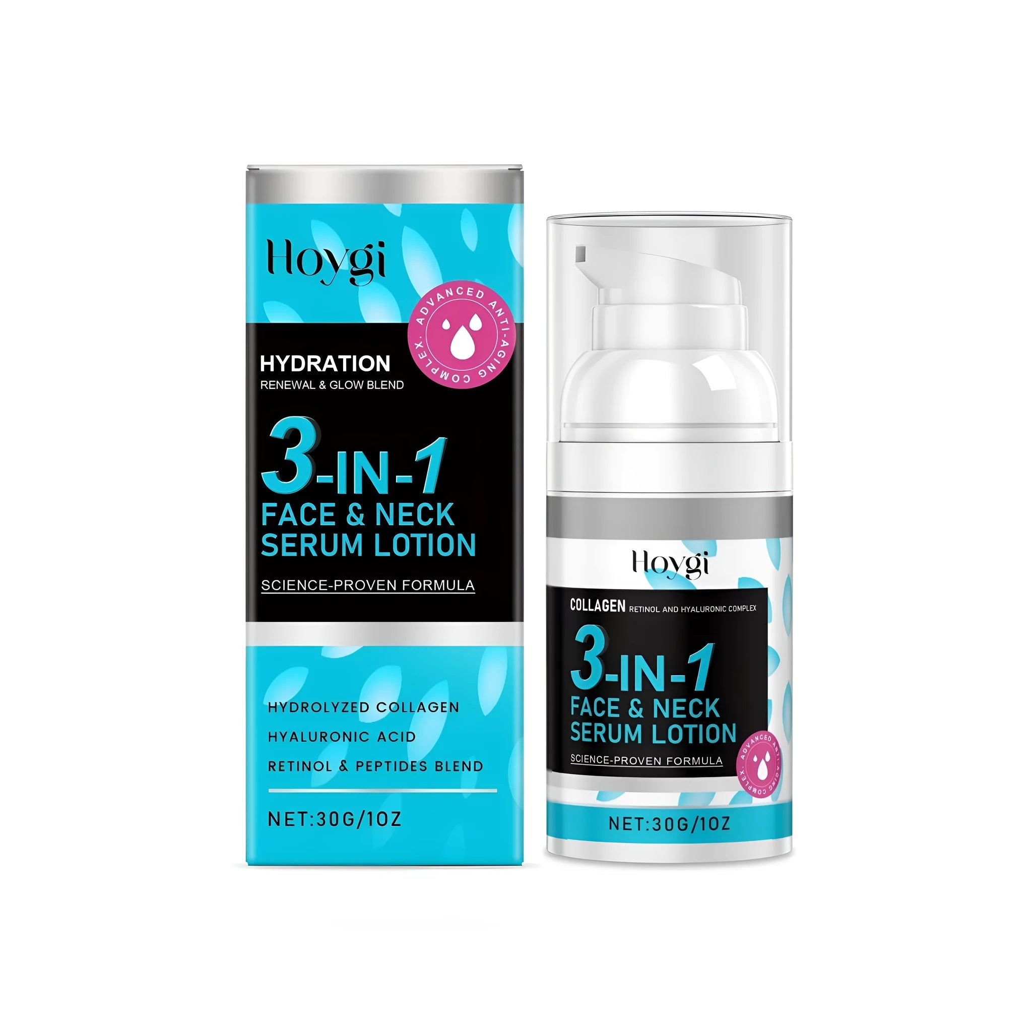 30g pump bottle of 3-in-1 face and neck serum lotion with collagen and retinol.