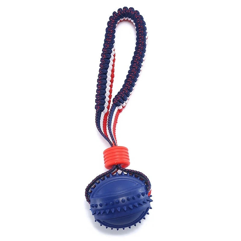 Interactive dog toy ball with rope for teeth cleaning and training in various colors