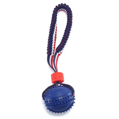 Interactive dog toy ball with rope for teeth cleaning and training in various colors